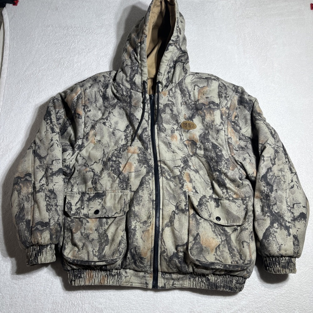 Sports Afield Mens L Natural Gear Insulated Camo Reversible Jacket Hunting Camp